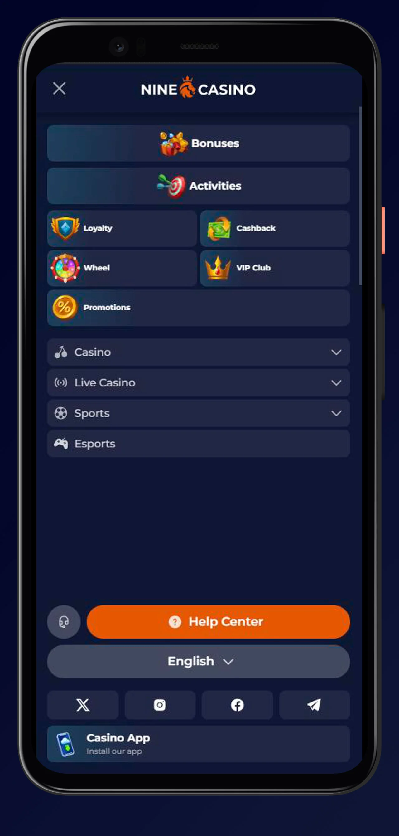 app menu at ninecasino